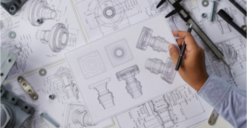Engineer technician designing drawings mechanical parts engineering. 